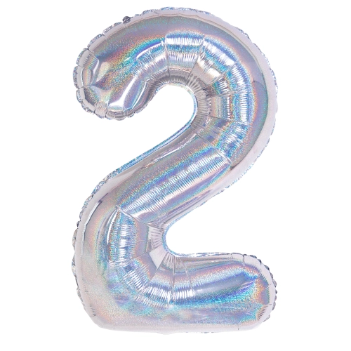 Szülinapi szám lufi 2, holografikus ezüst, 100 cm