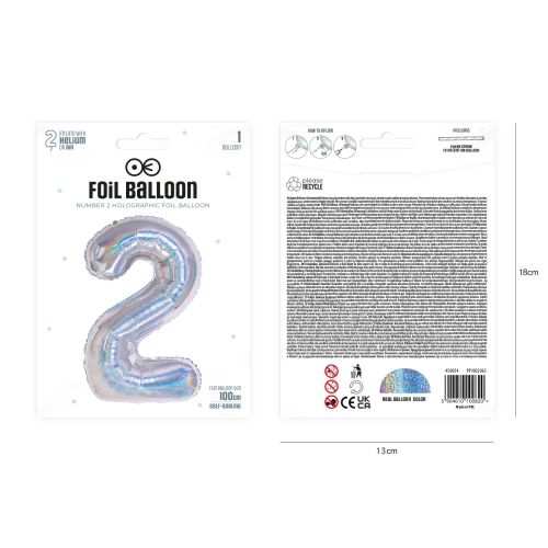 Szülinapi szám lufi 2, holografikus ezüst, 100 cm