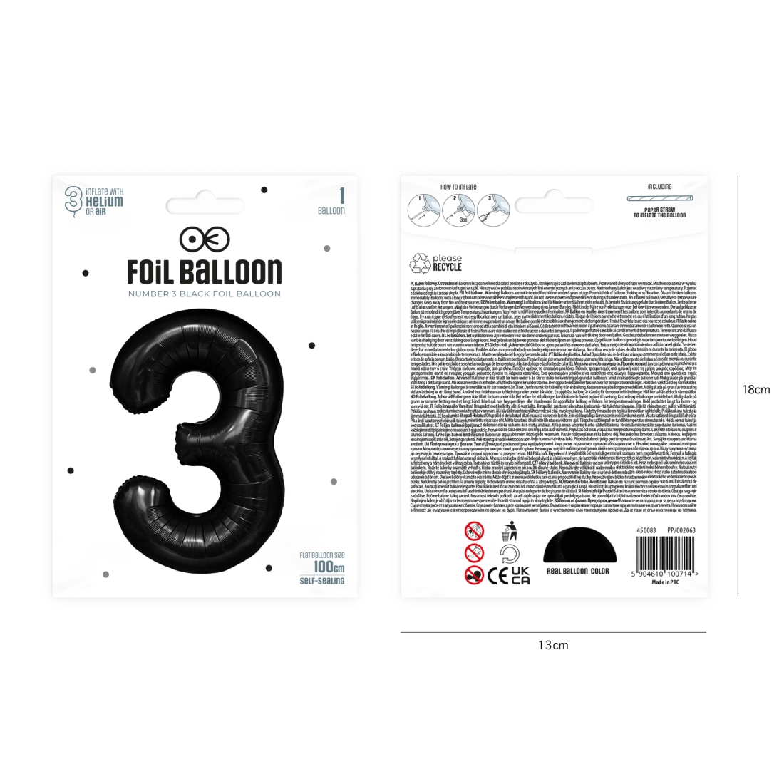 Balon aniversar cifră 3, negru, 100 cm