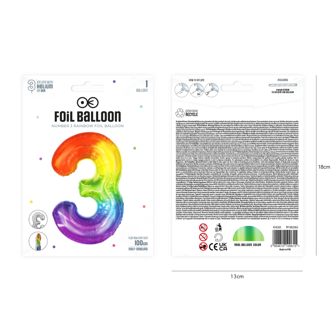 Balon aniversar în formă de cifra 3, curcubeu, 100 cm