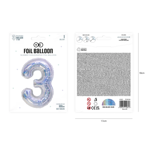 Szülinapi lufi, 3-as szám, holografikus ezüst, 100 cm