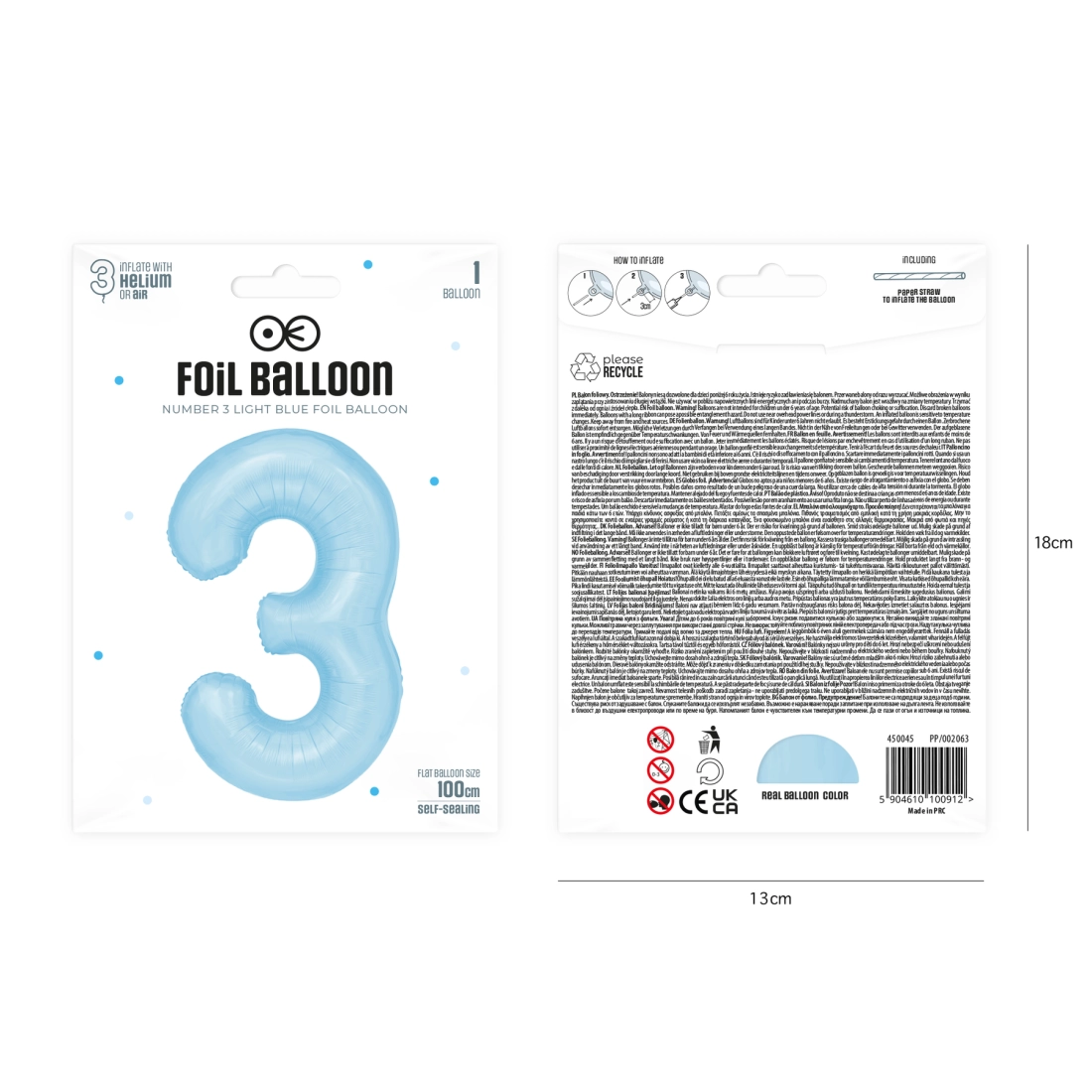 Balon aniversar cifră 3 – albastru ceresc, 100 cm