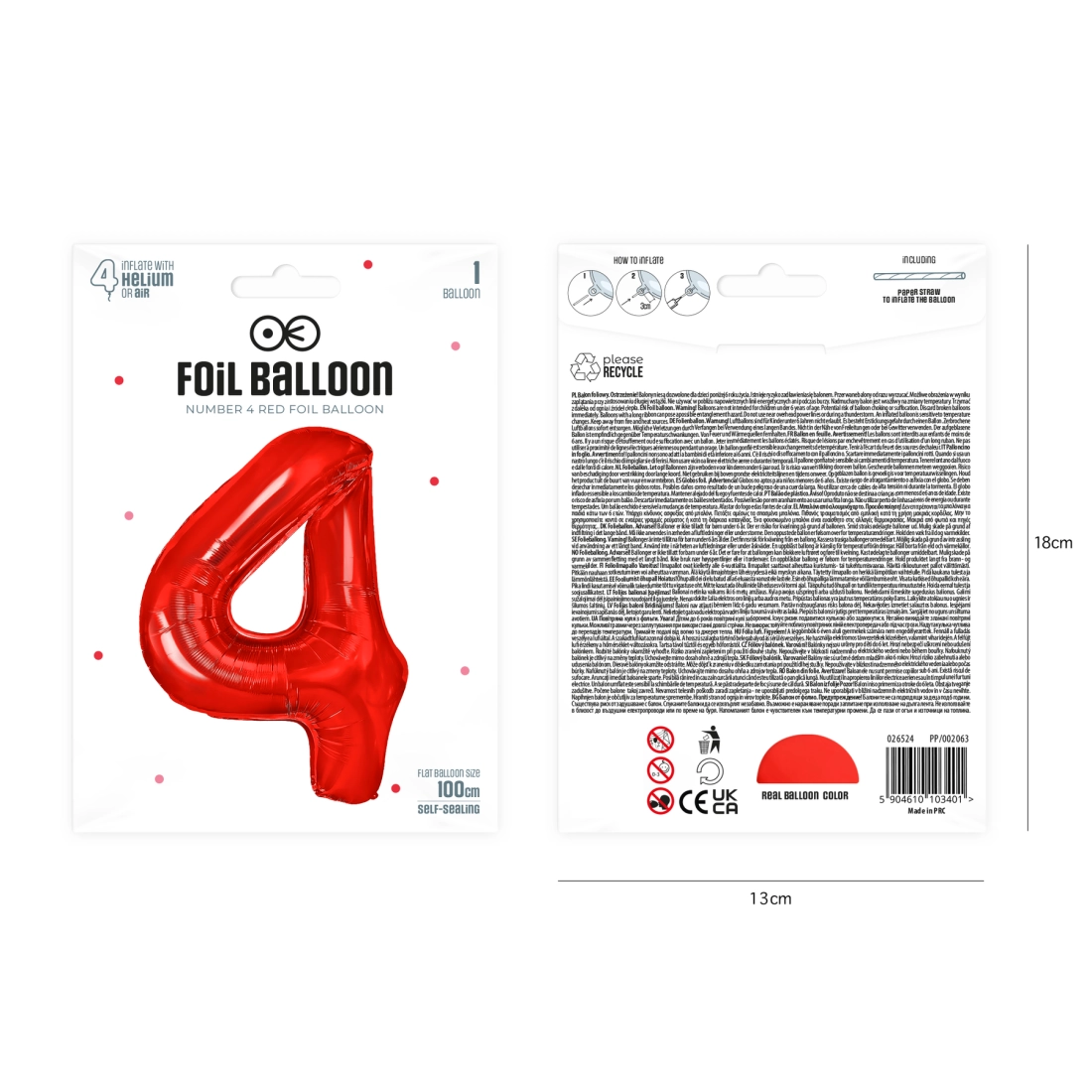 Balon aniversar cifră 4, roșu, 100 cm