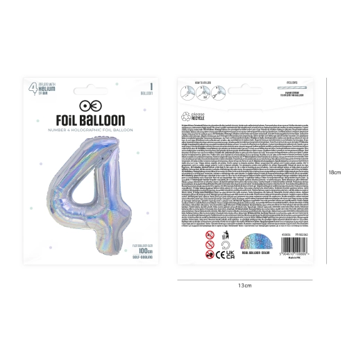 Szülinapi fólia lufiszám 4, holografikus ezüst, 100 cm