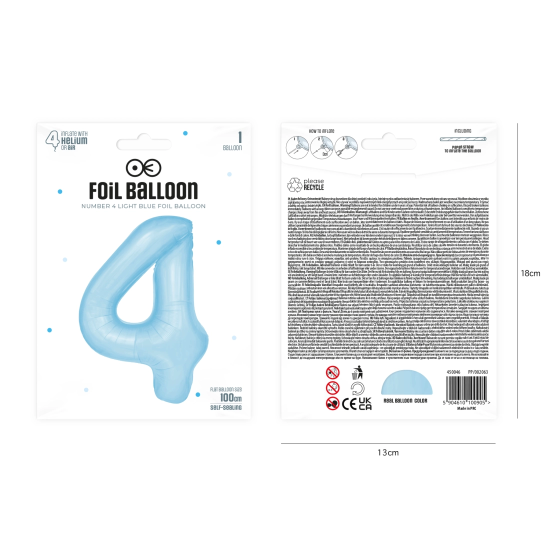 Szülinapi léggömb 4-es szám – égszínkék, 100 cm