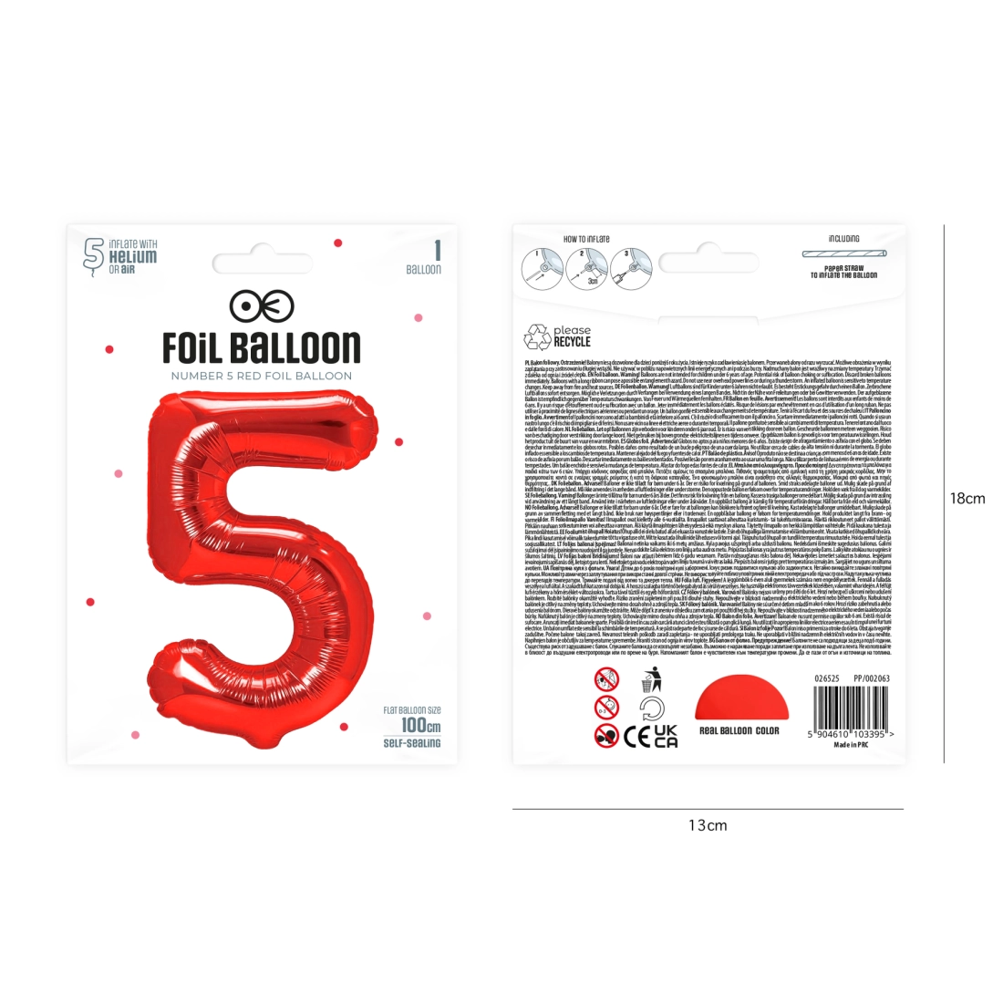 Szülinapi lufi, 5-ös szám, piros, 100 cm