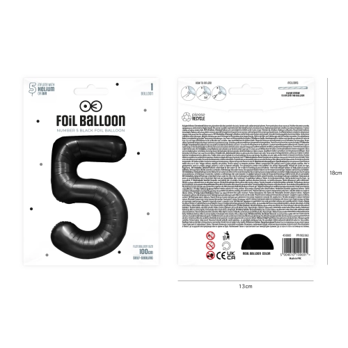 Szülinapi lufi 5-ös szám, fekete, 100 cm