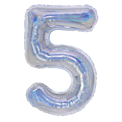 Szülinapi lufi, 5-ös szám, holografikus ezüst, 100 cm