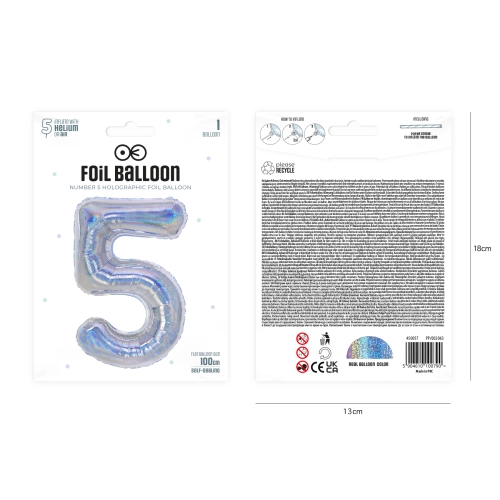 Szülinapi lufi, 5-ös szám, holografikus ezüst, 100 cm