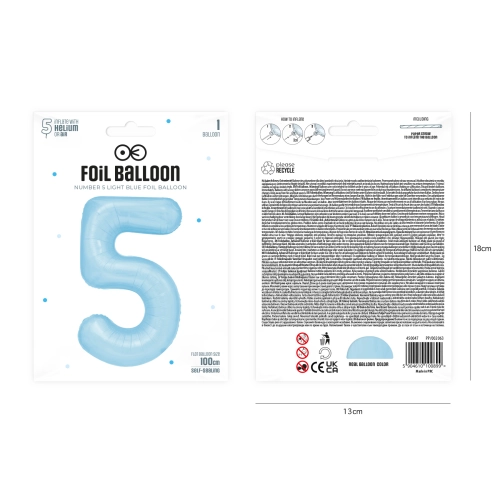Szülinapi lufi 5-ös szám – égszínkék, 100 cm