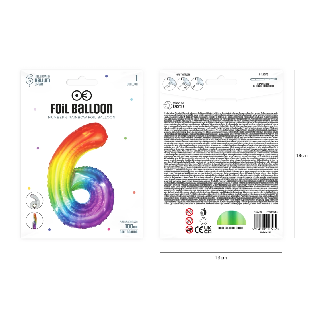 Szülinapi szivárványos 6-os fólia lufi, 100 cm