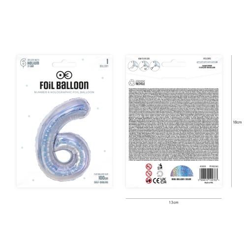 Szülinapi lufi, 6-os szám, holografikus ezüst, 100 cm