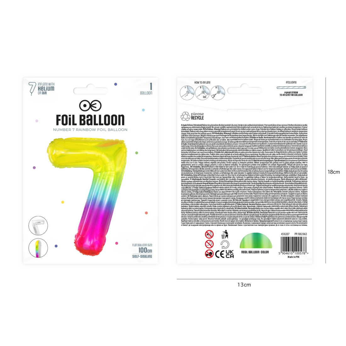 Balon aniversar cifră 7, curcubeu, 100 cm