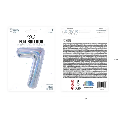 Szülinapi fólia lufi 7-es szám, holografikus ezüst, 100 cm