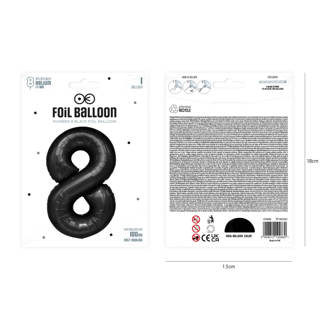 Balon aniversar cifră 8, negru, 100 cm