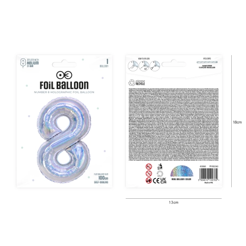 Szülinapi lufiszám 8, holografikus ezüst, 100 cm