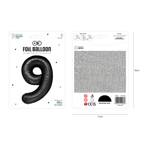 Szülinapi fekete 9-es számú lufi, 100 cm Szülinapi fekete 9-es számú lufi, 100 cm