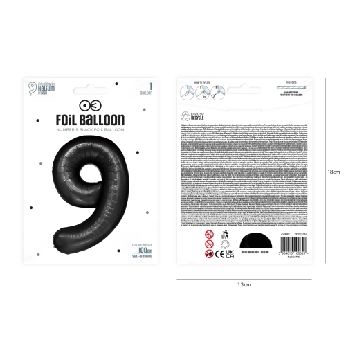 Szülinapi fekete 9-es számú lufi, 100 cm