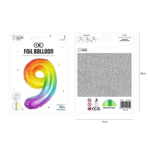 Szülinapi szivárványos 9-es fólia lufi, 100 cm