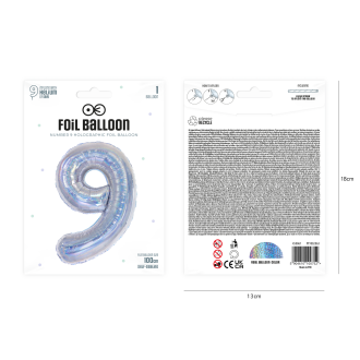 Rojstnodnevni balon številka 9, holografsko srebrn, 100 cm