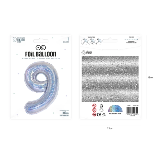 Szülinapi lufiszám 9, holografikus ezüst, 100 cm