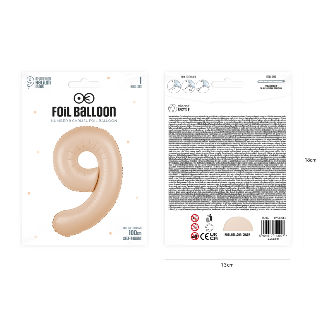 Szülinapi 9-es számú lufi, karamell, 100 cm