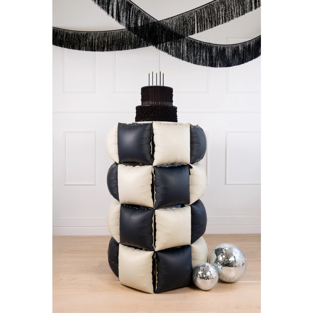 Kétoldalas fólia lufi függő dekoráció, négyzet alakú, fekete-bézs, 35 x 35 cm (1 csomag / 4 darab)