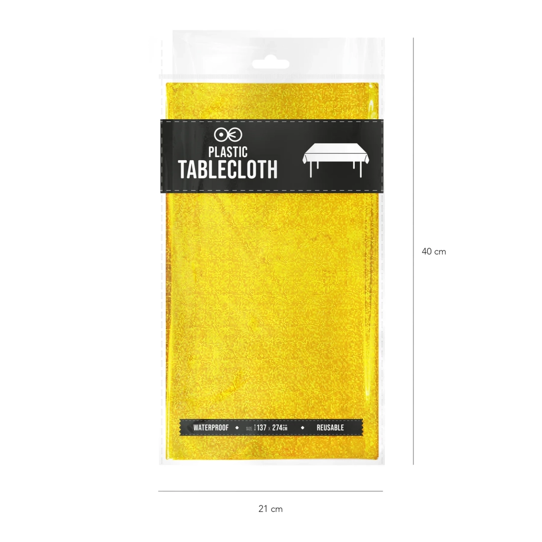 Față de masă holografică impermeabilă, auriu – 137 × 274 cm