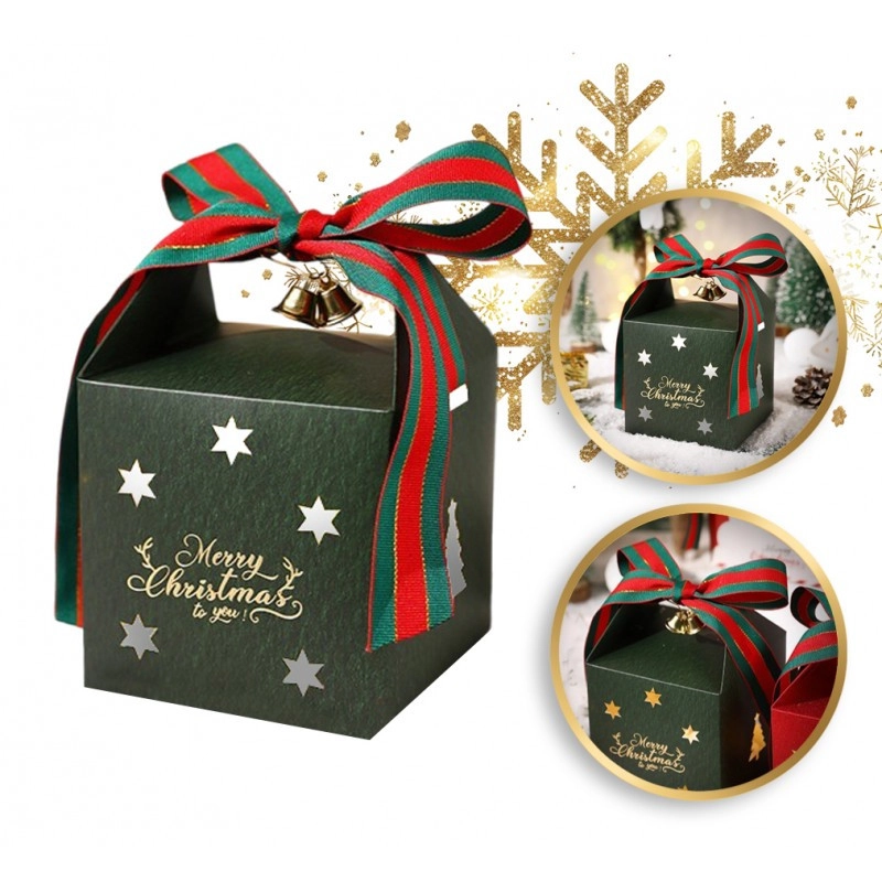 Ozdobná darčeková krabička s mašľou Merry Christmas 10x10x10 cm - zelená 