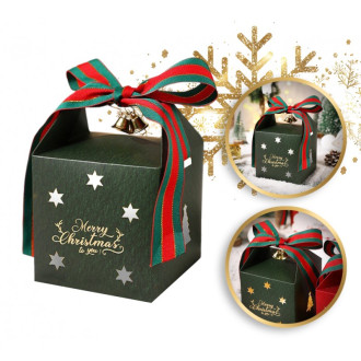 Ozdobná darčeková krabička s mašľou Merry Christmas 10x10x10 cm - zelená 