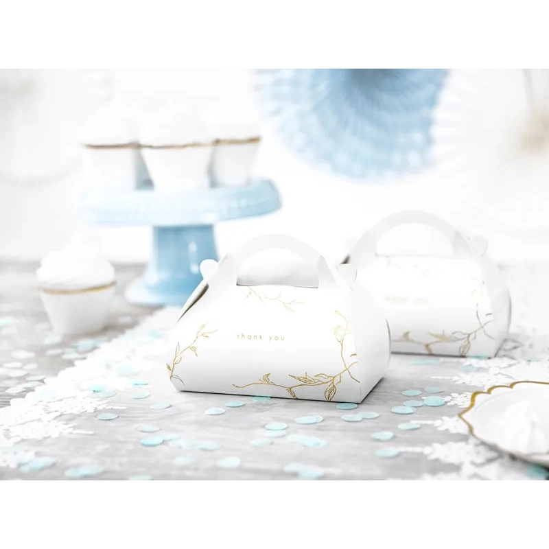 Cutii decorative pentru prăjituri „Thank you” – crenguțe aurii, 16 x 8,5 x 9,5 cm, 10 buc.