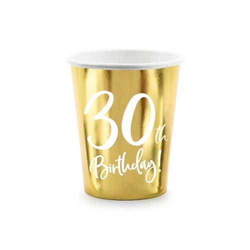 Bicchieri di carta per 30° compleanno, dorati - 220 ml, 6 pz