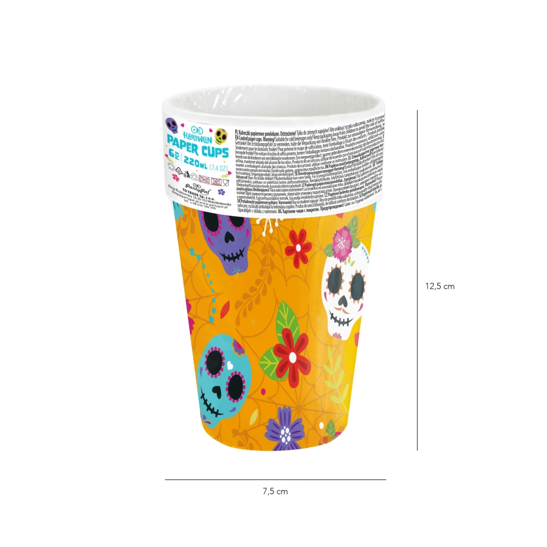 Pahare de hârtie pentru Halloween, motive mexicane, 220 ml, 6 buc.