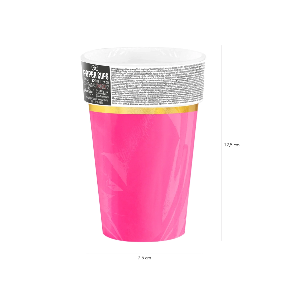 Fuksziaszínű papírpohár Classic Gold, arany szegéllyel, 220 ml, 6 db
