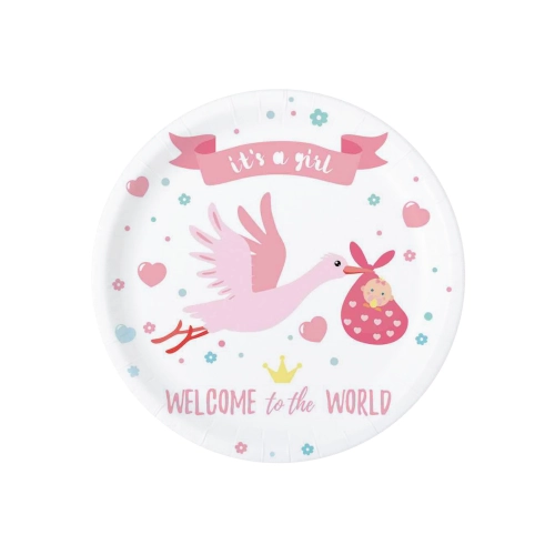 Farfurii din hârtie Baby Shower cu barză roz, 18 cm, set 6 buc.
