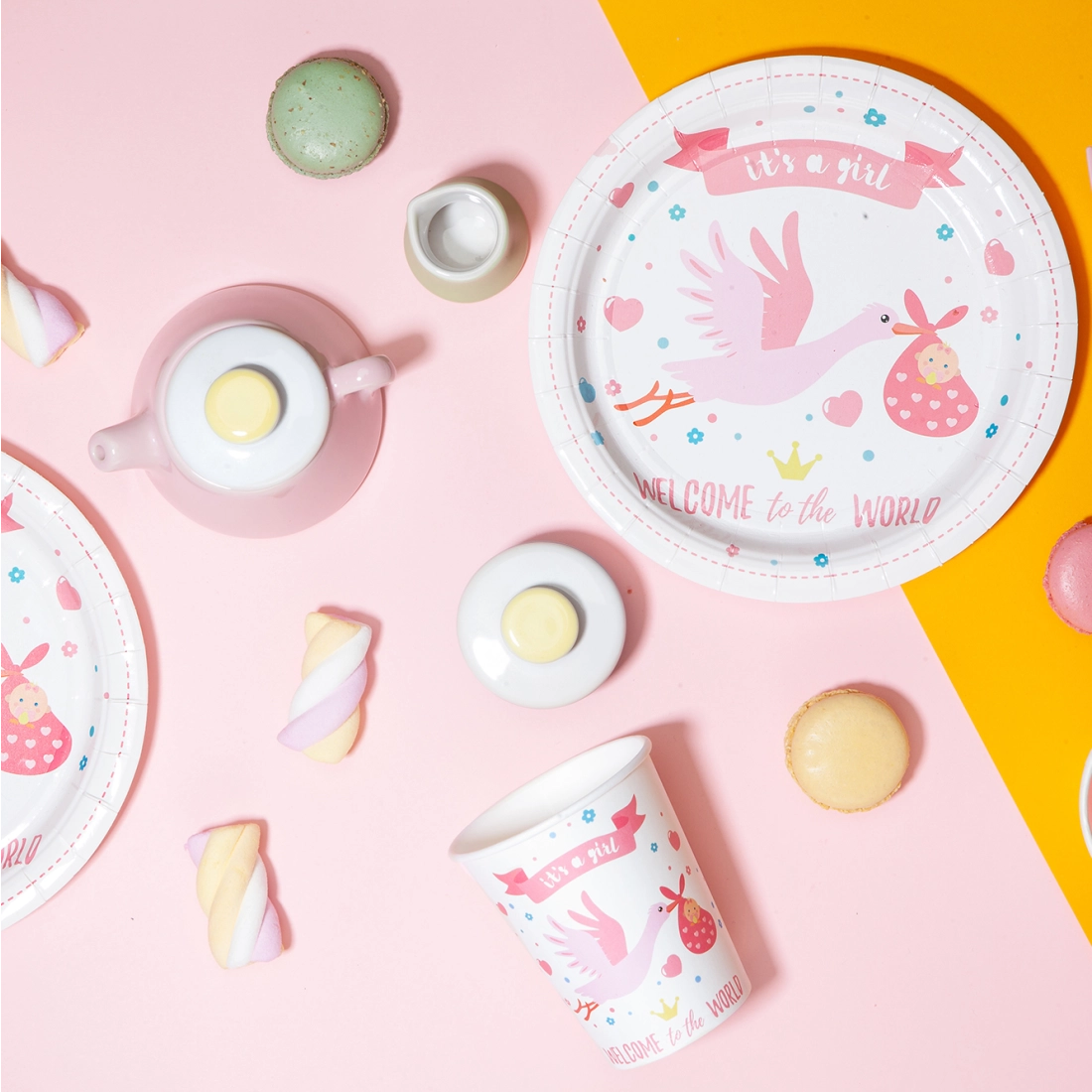 Papírtányér Baby Shower rózsaszín gólya 18 cm, 6 db