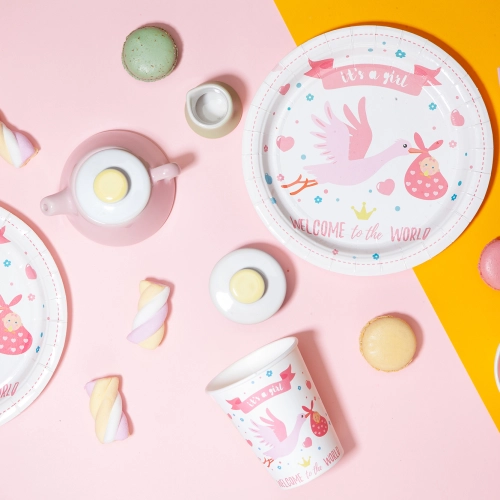 Farfurii din hârtie Baby Shower cu barză roz, 18 cm, set 6 buc.