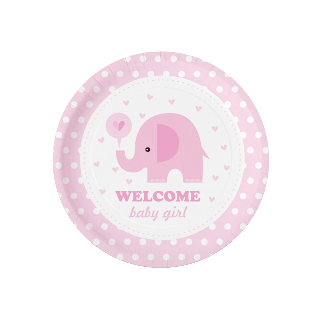 Farfurii din hârtie Baby Shower cu elefănțel roz, 18 cm, 6 buc.