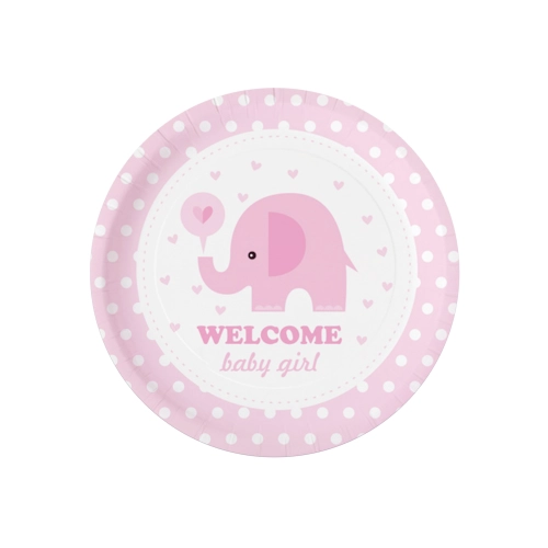 Farfurii din hârtie Baby Shower cu elefănțel roz, 18 cm, 6 buc.