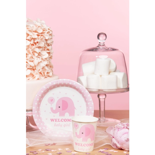 Pahare pentru baby shower cu elefănțel roz, 220 ml, set 6 bucăți