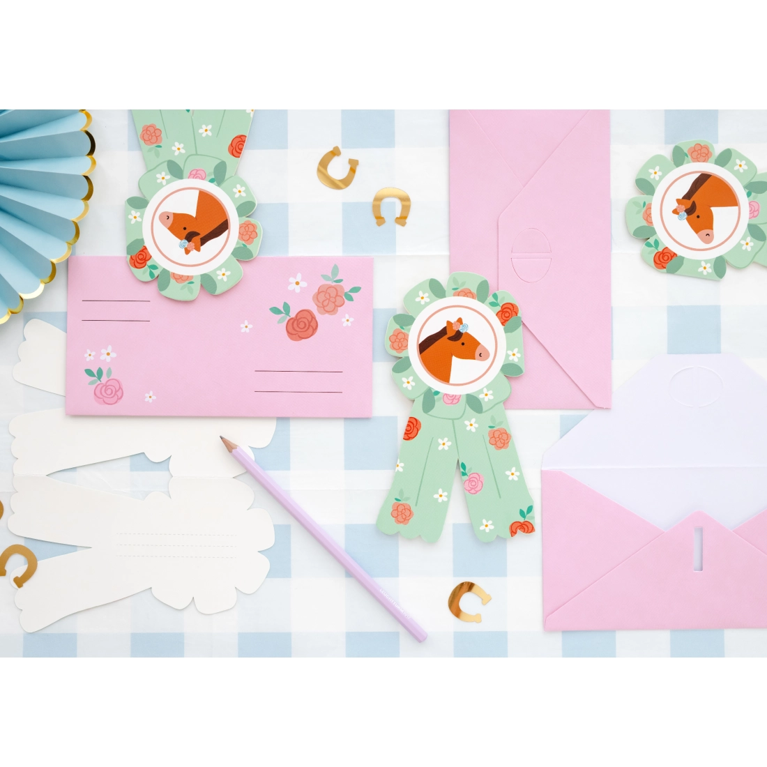 Invitații cu motiv cai, formă cotillon, 6 buc., culori pastelate