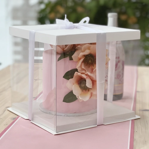 Cutie transparentă pentru tort cu panglică 25x25x25 cm