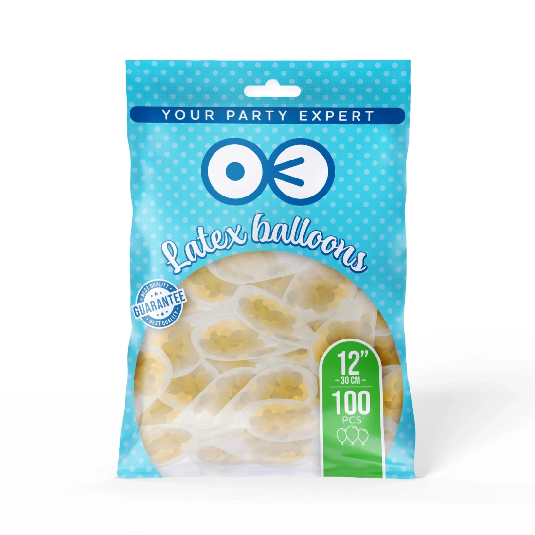 Átlátszó konfettis lufik 30 cm, arany – 100 db