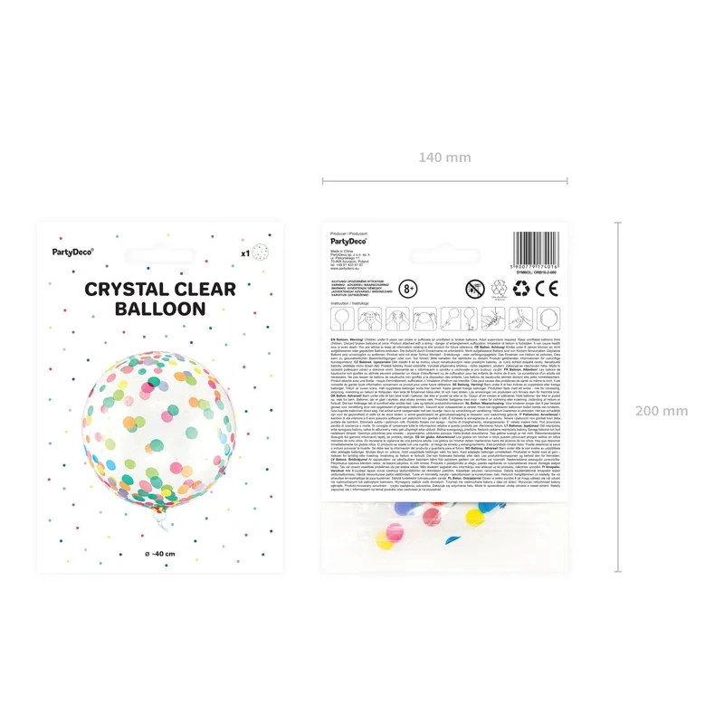 Átlátszó lufi színes konfettivel, 40 cm
