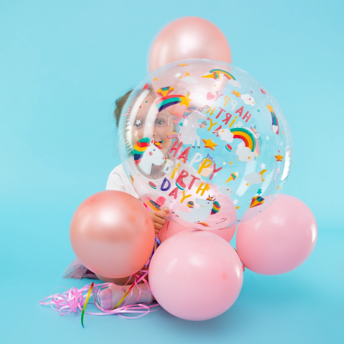 Átlátszó kerek lufi – Egyszarvú, 45 cm