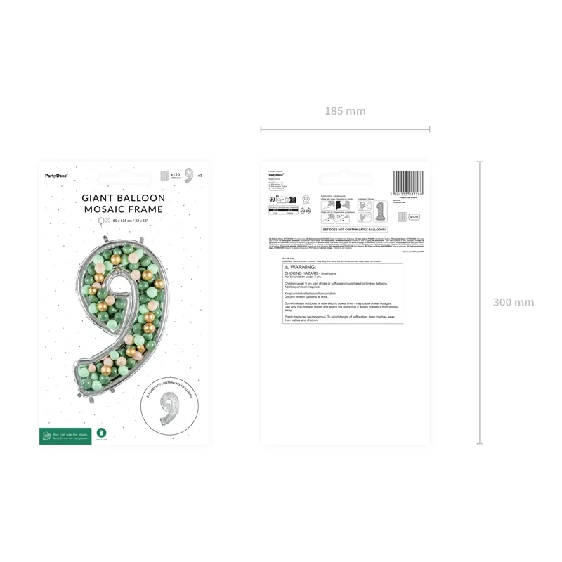 Cadru pentru balon în formă de cifră 9, 126 cm, argintiu – decorațiune de petrecere originală