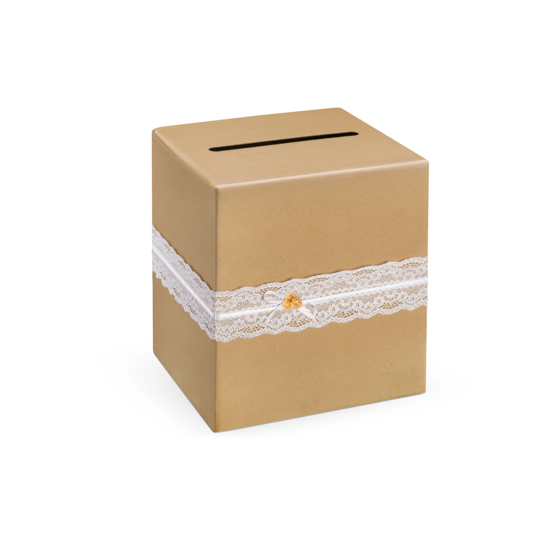 Rusztikus esküvői kártyadoboz, kraft csipkével, 24x24x24 cm