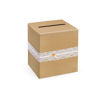 Rustikalna poročna škatla za voščilnice, kraft z čipko, 24x24x24 cm