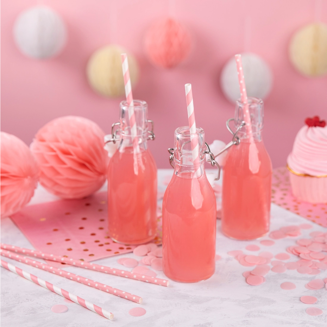 Rózsaszín pöttyös szívószálak, 10 db