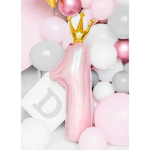 Balon folie roz roz cifră 1 cu coroană aurie, 92 cm